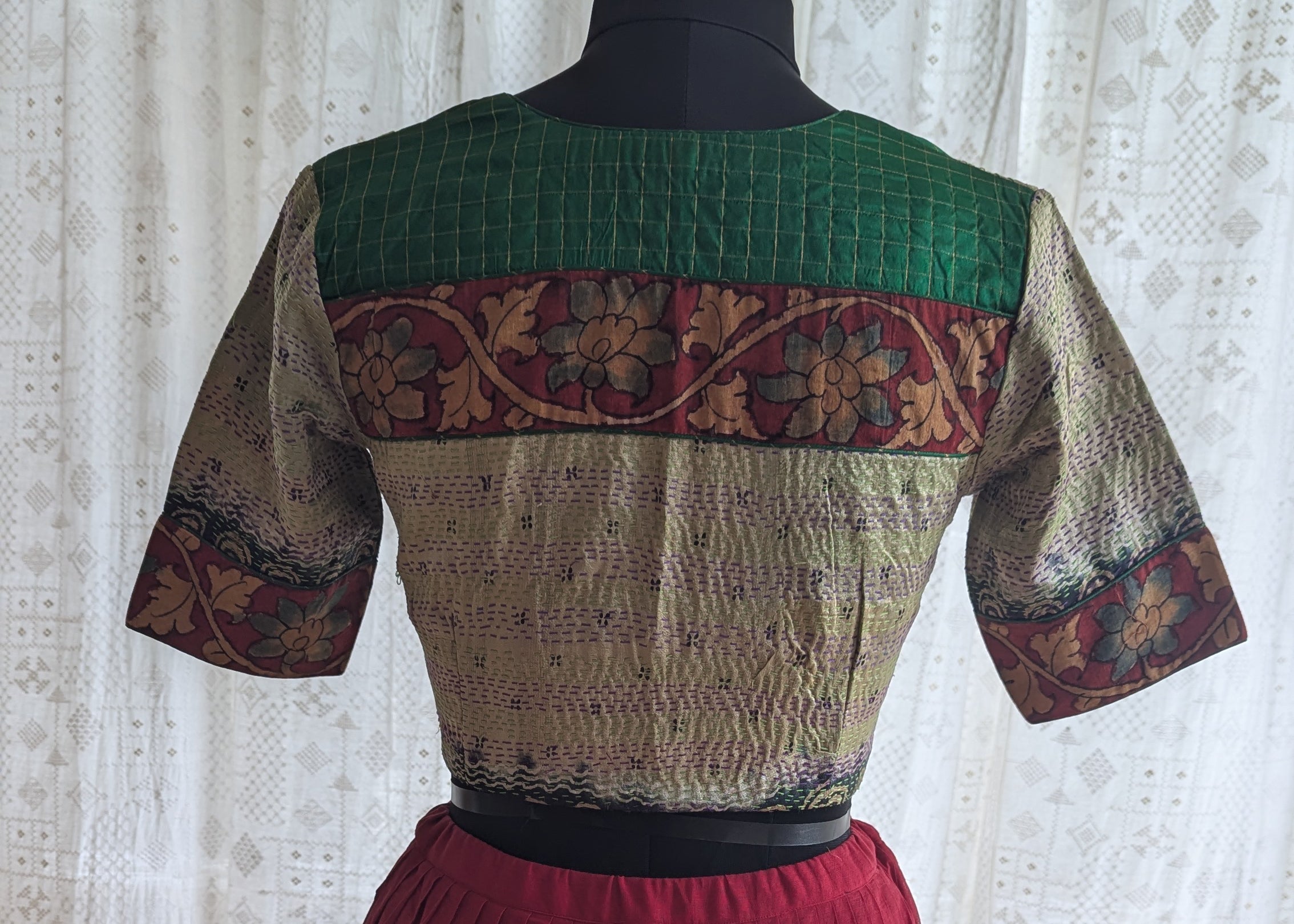 Green And Beige Ikat with Kantha Embroidery Blouse