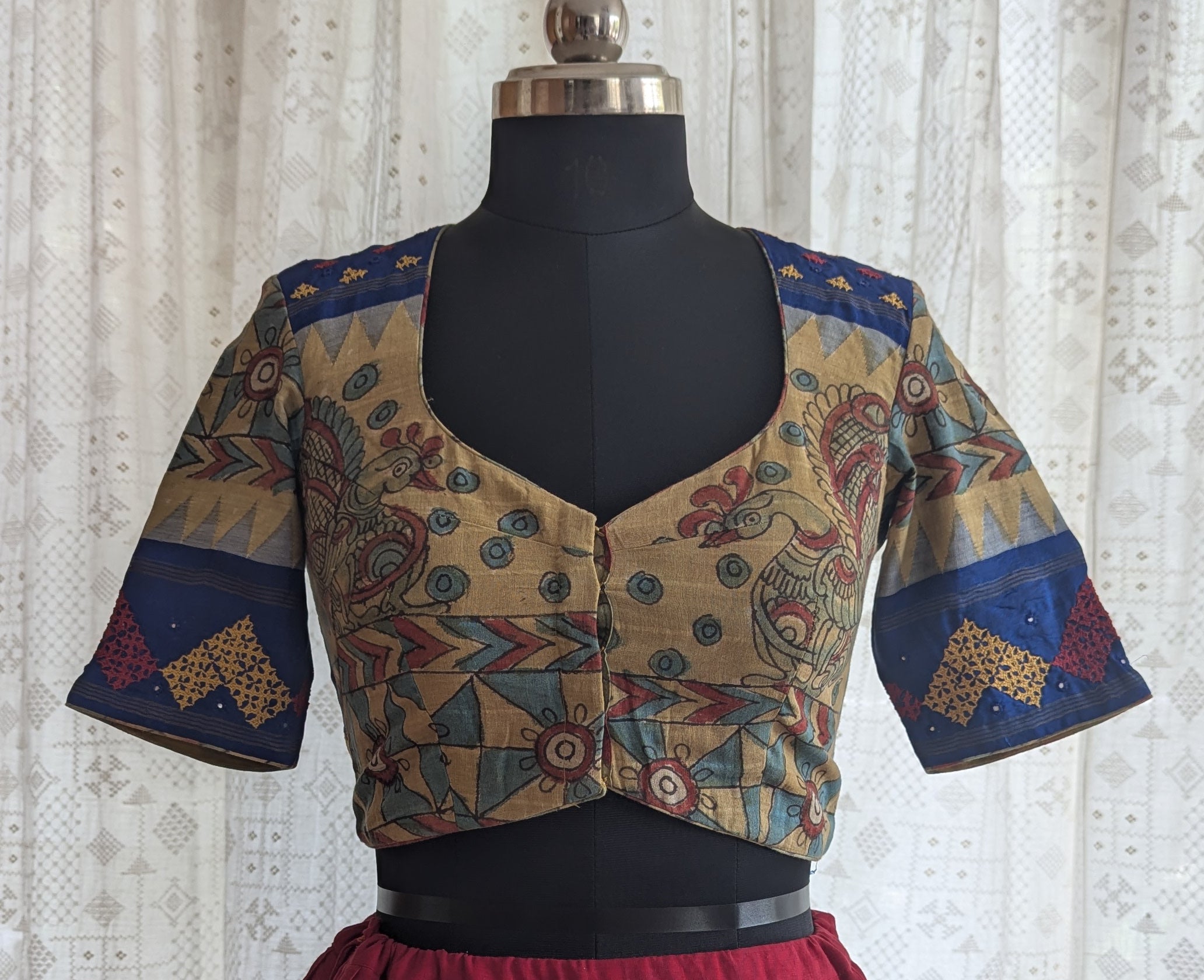 Mayilrava Kalamkari with Kutch Embroidered Blouse