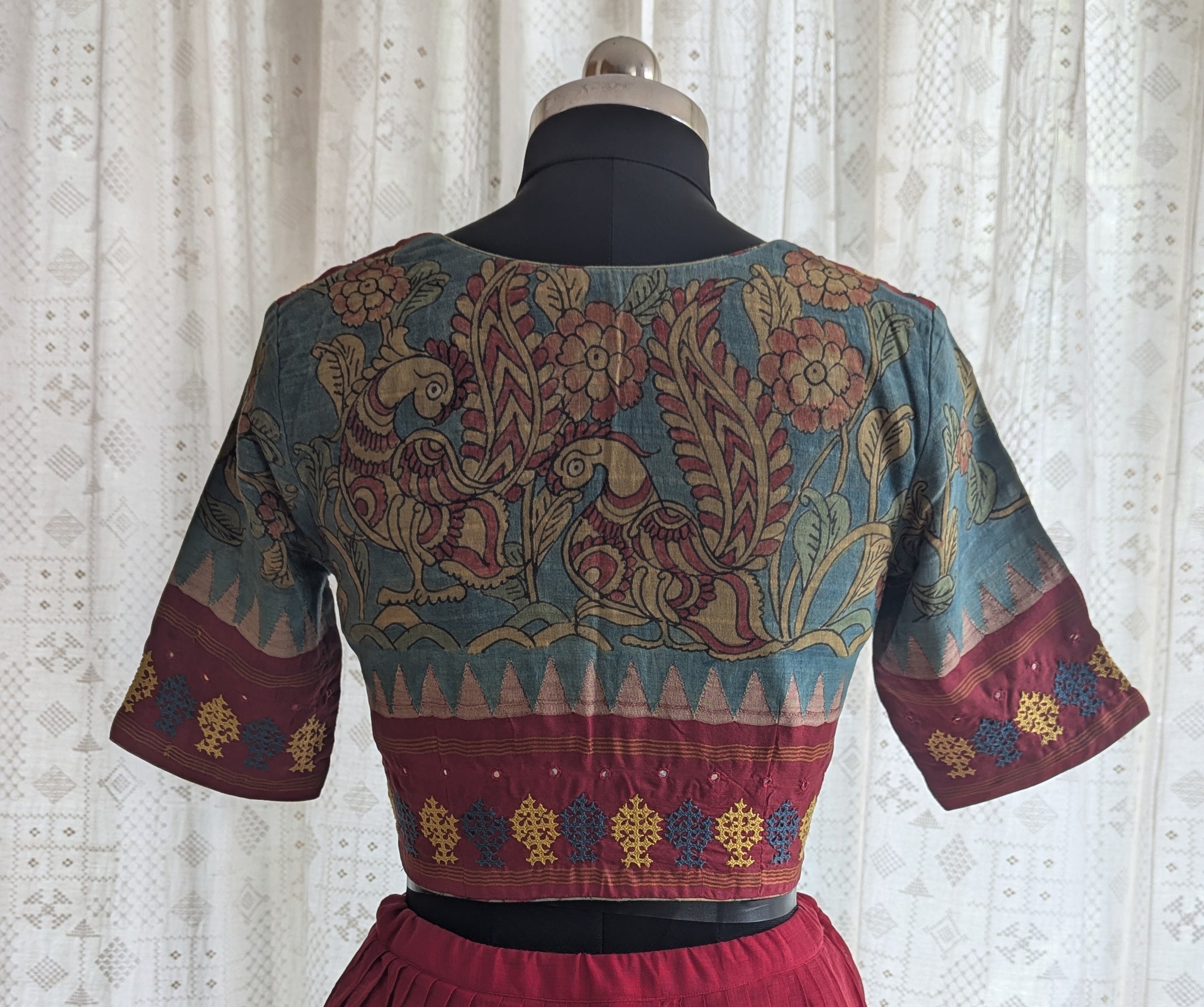 Pushpamayuri Kalamkari with Kutch Embroidered Blouse