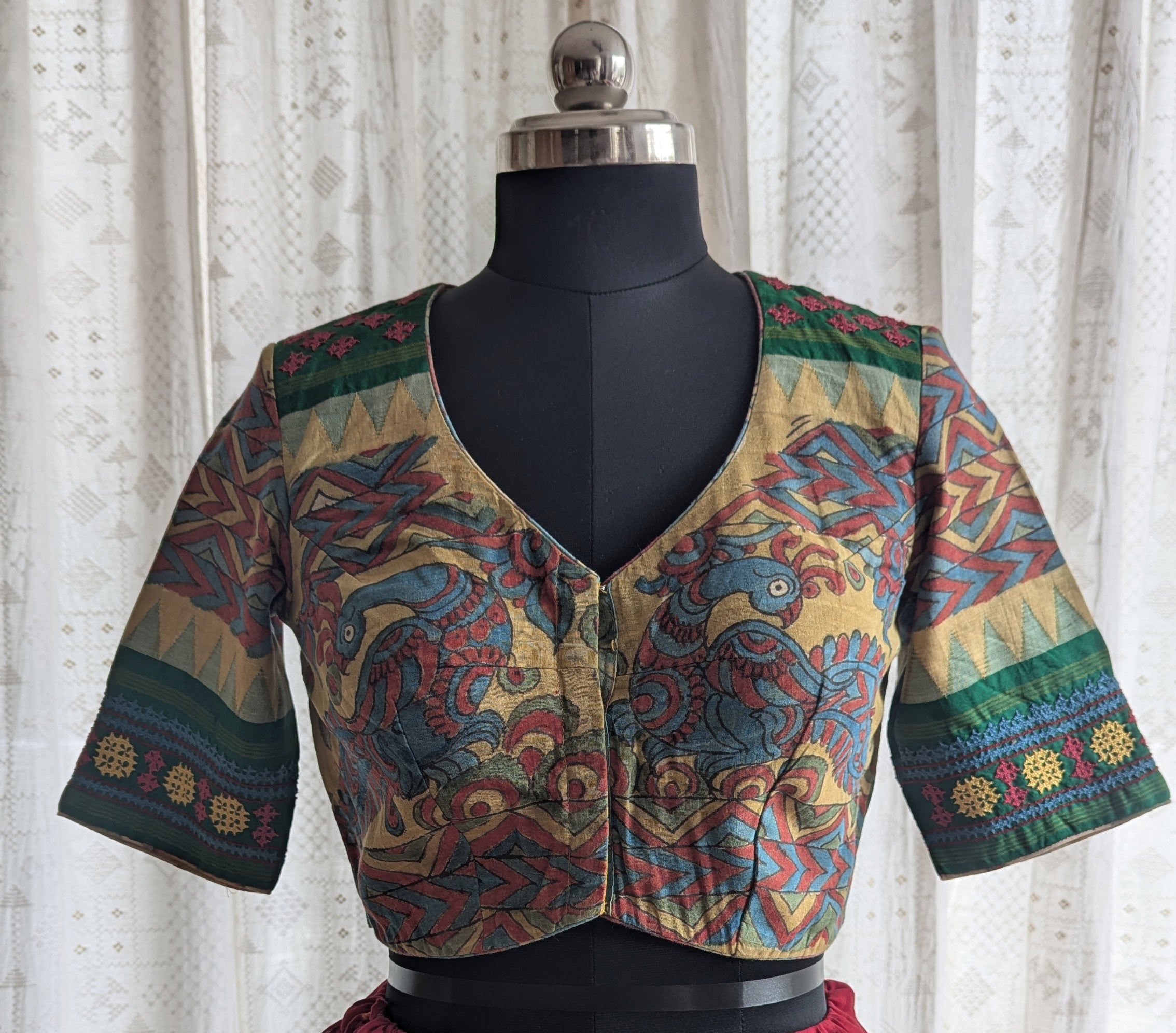 Mayura Nritya Kalamkari with Kutch Embroidered Blouse