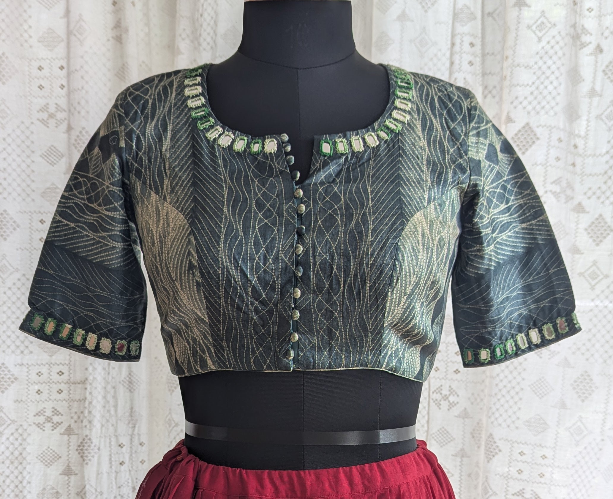 Indigo Shibori with Kutch Mirror work