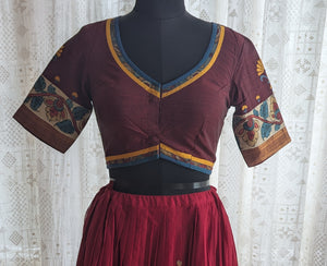 Crimson Floral Kalamkari with Kutch Embroidered Blouse