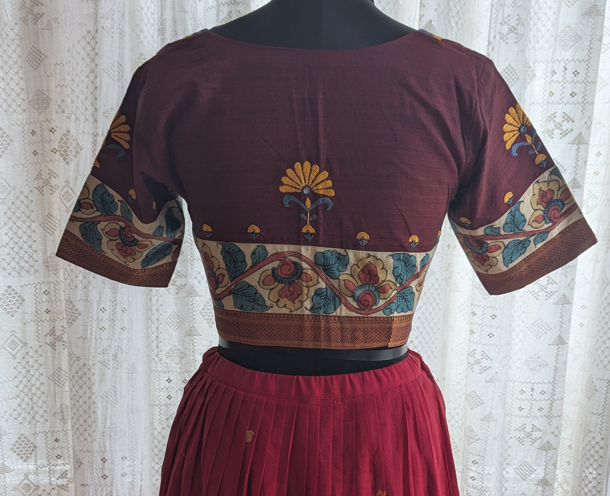 Crimson Floral Kalamkari with Kutch Embroidered Blouse