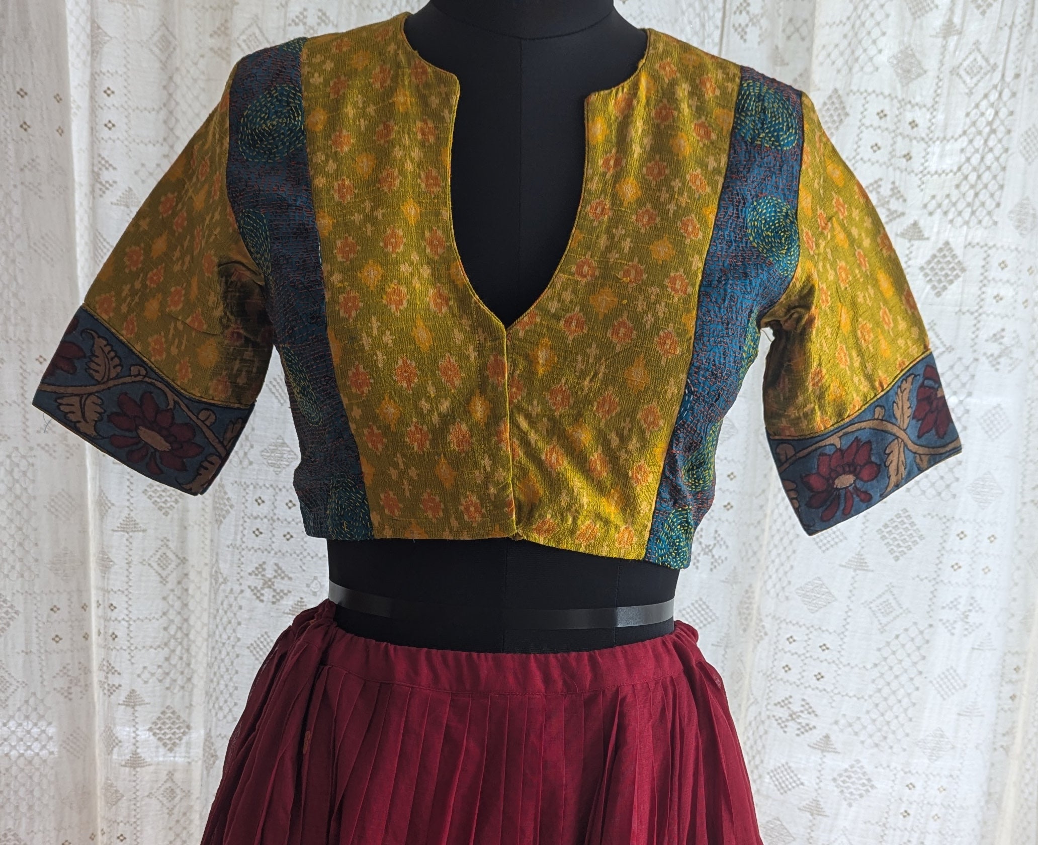 Mustard Yellow Ikat with Kantha Embroidery Blouse