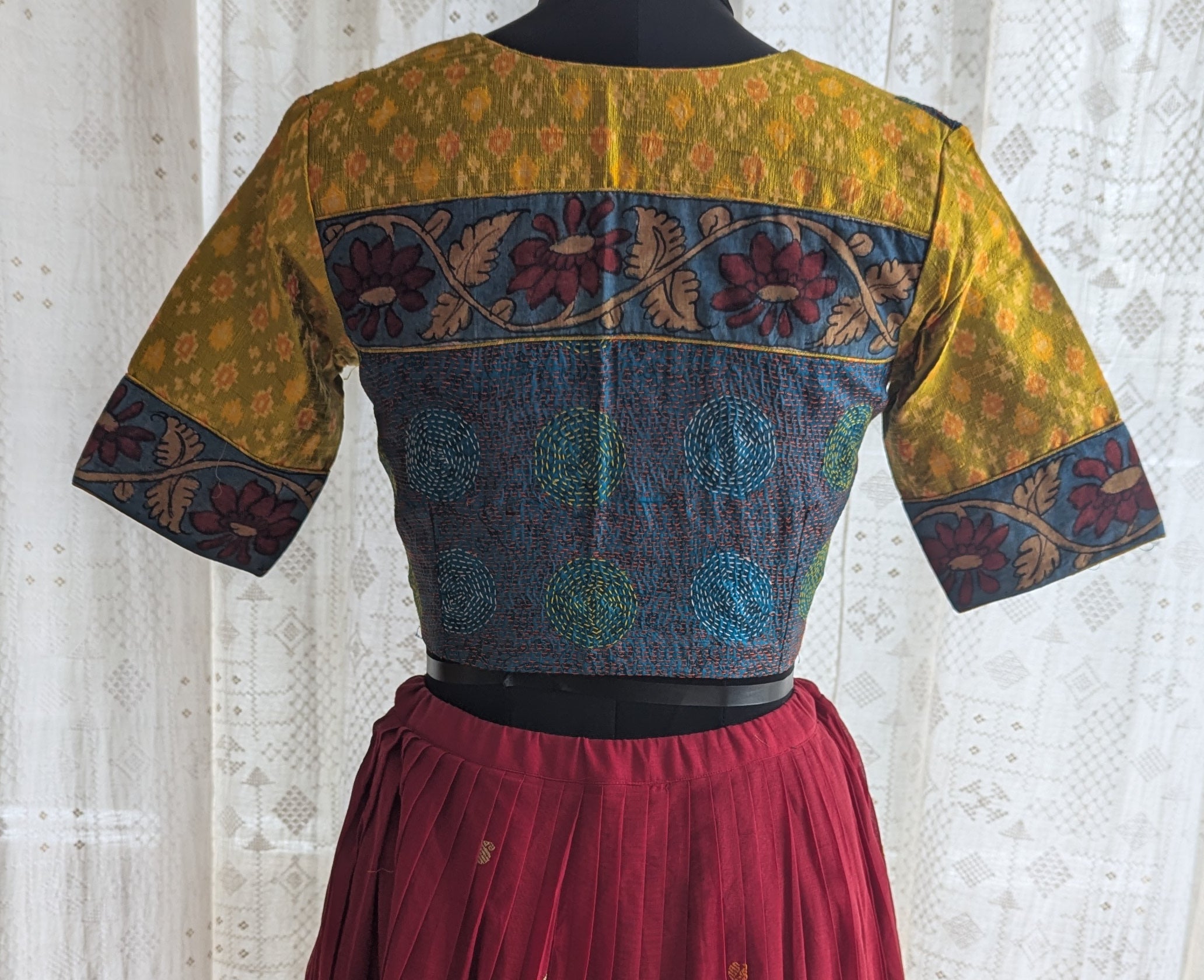 Mustard Yellow Ikat with Kantha Embroidery Blouse