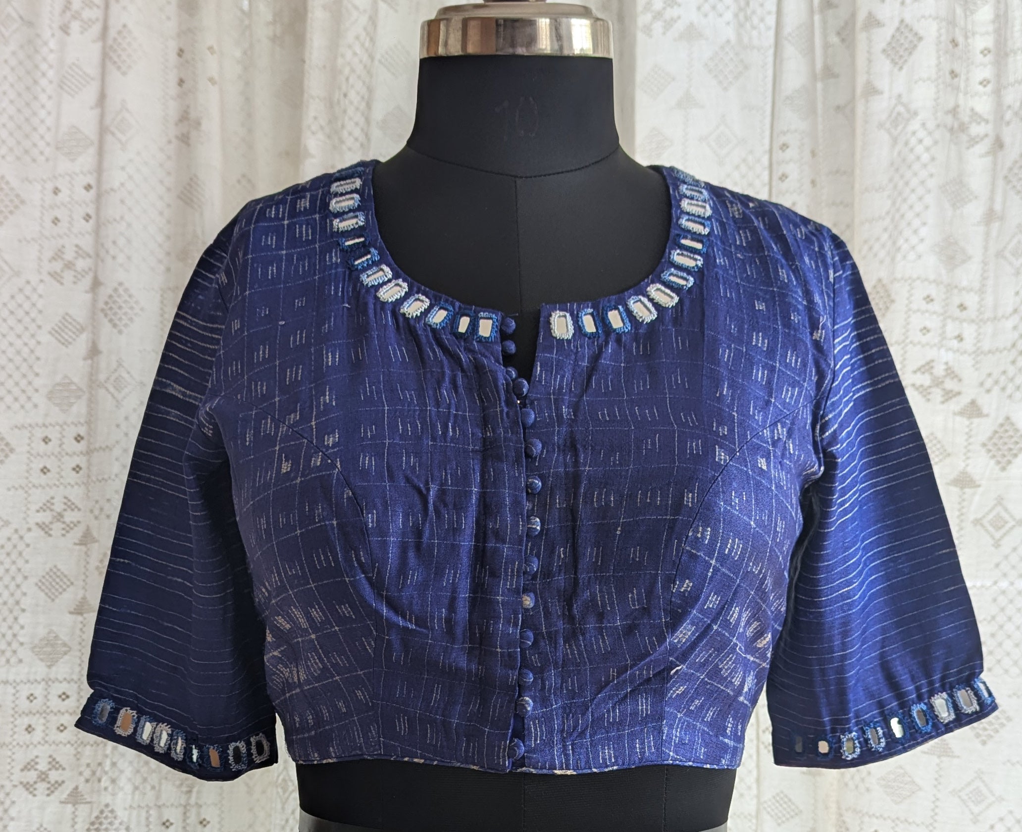 Ink Blue Shibori with Kutch Mirror work