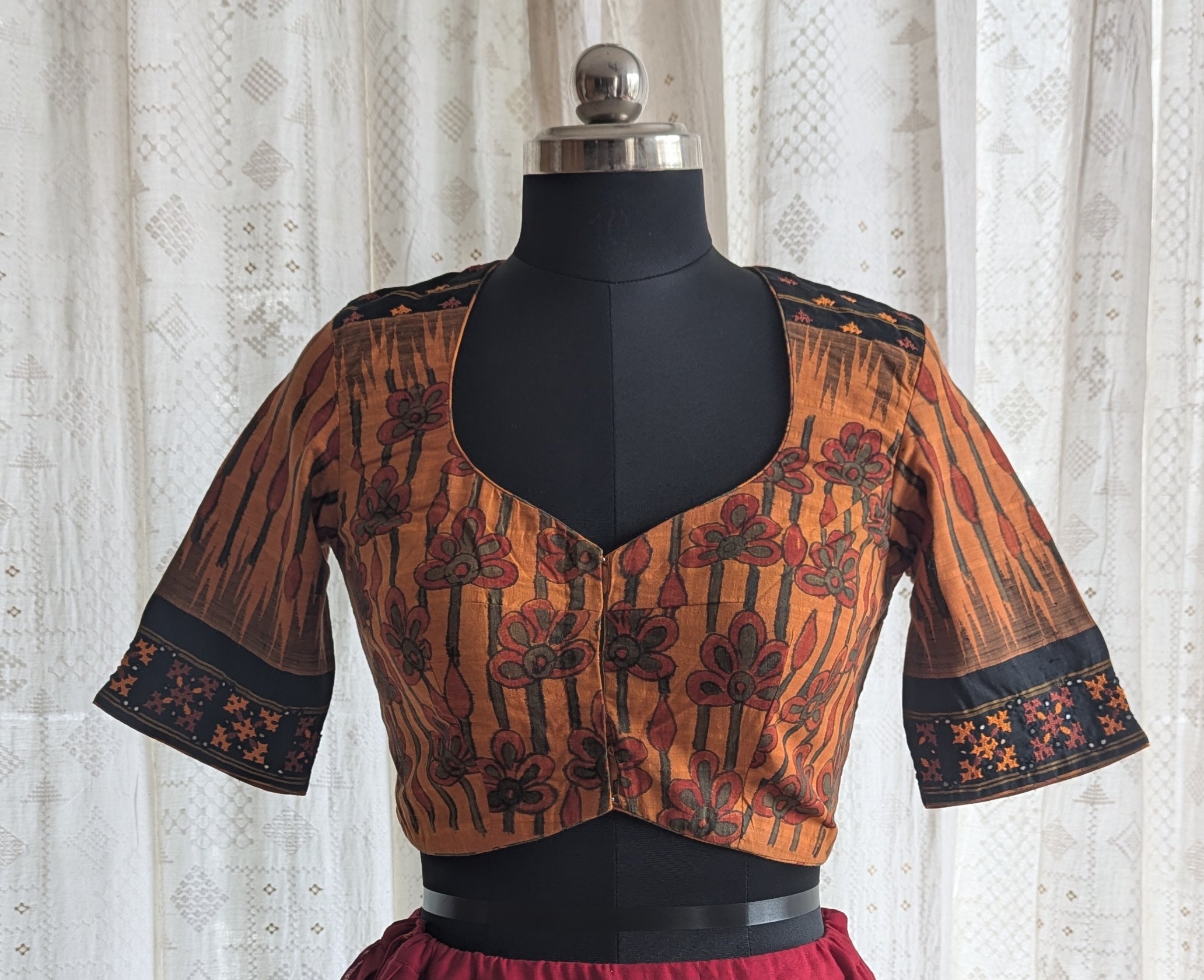 Rudrapushpa Kalamkari with Kutch Embroidered Blouse