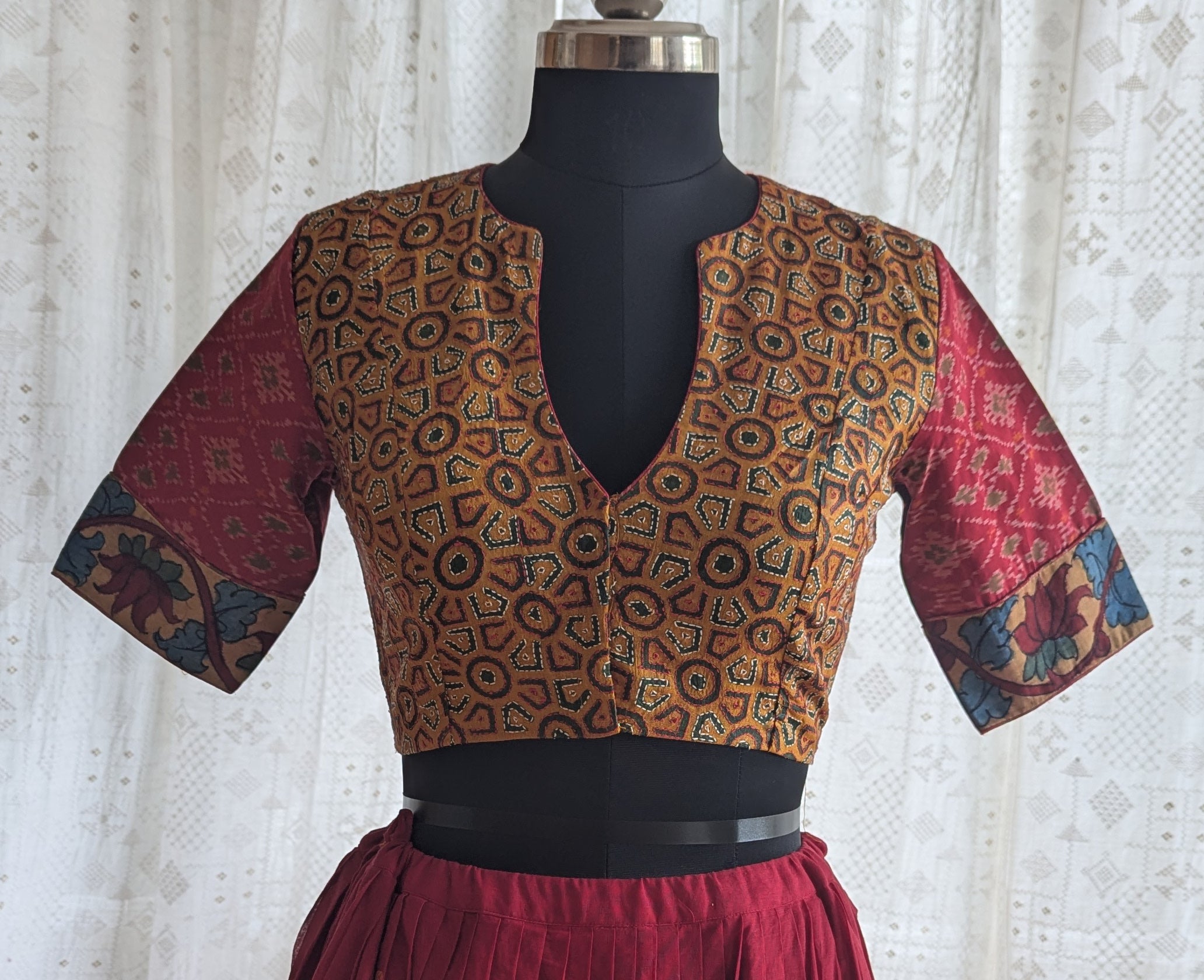 Burnt Saffron Ikat with Kantha Embroidery Blouse