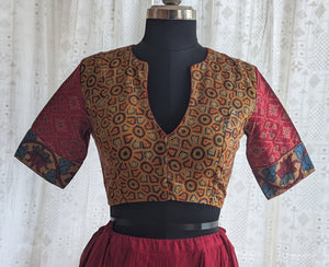 Burnt Saffron Ikat with Kantha Embroidery Blouse