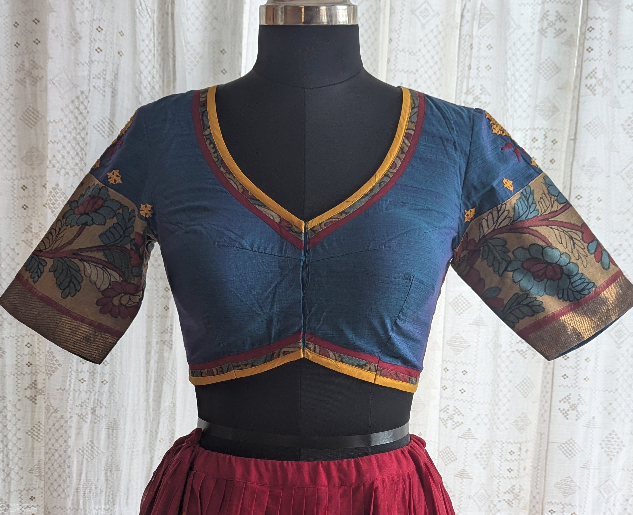 Cerulean Charm Kalamkari with Kutch Embroidered Blouse