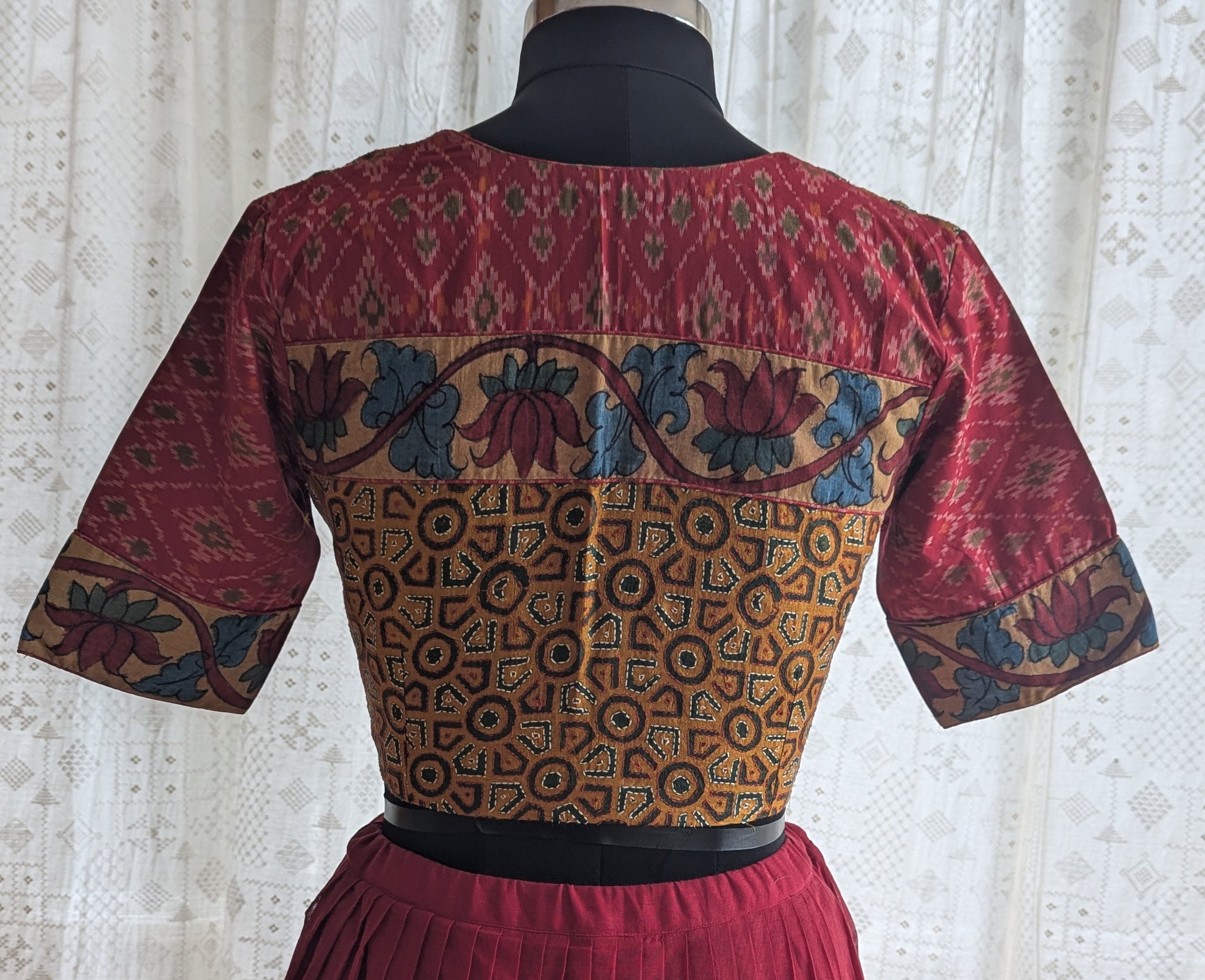 Burnt Saffron Ikat with Kantha Embroidery Blouse