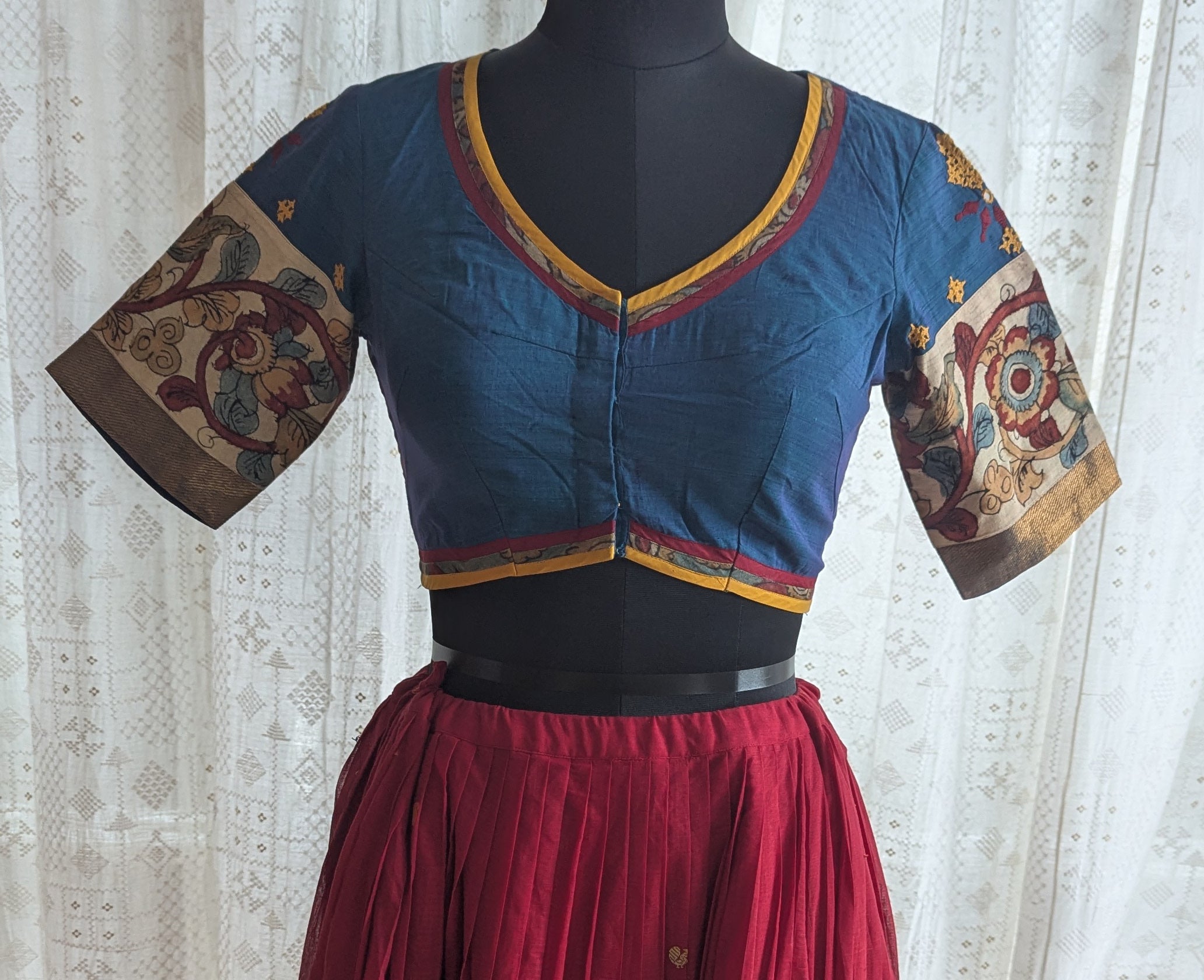 Indigo Muse Kalamkari with Kutch Embroidered Blouse