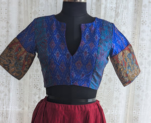 Blue Enigma Ikat with Kantha Embroidery Blouse