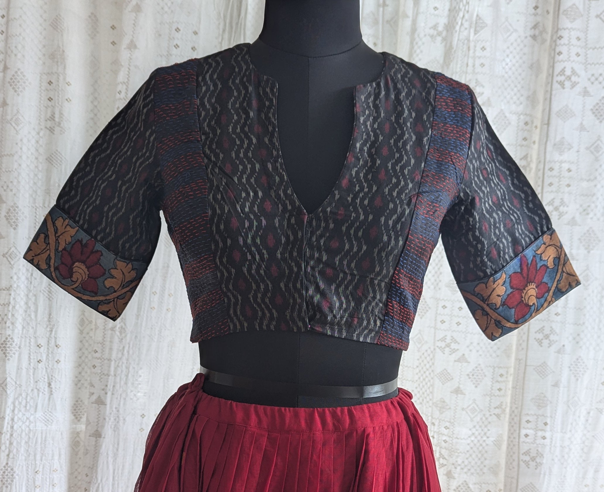Deep Black Ikat with Kantha Embroidery Blouse