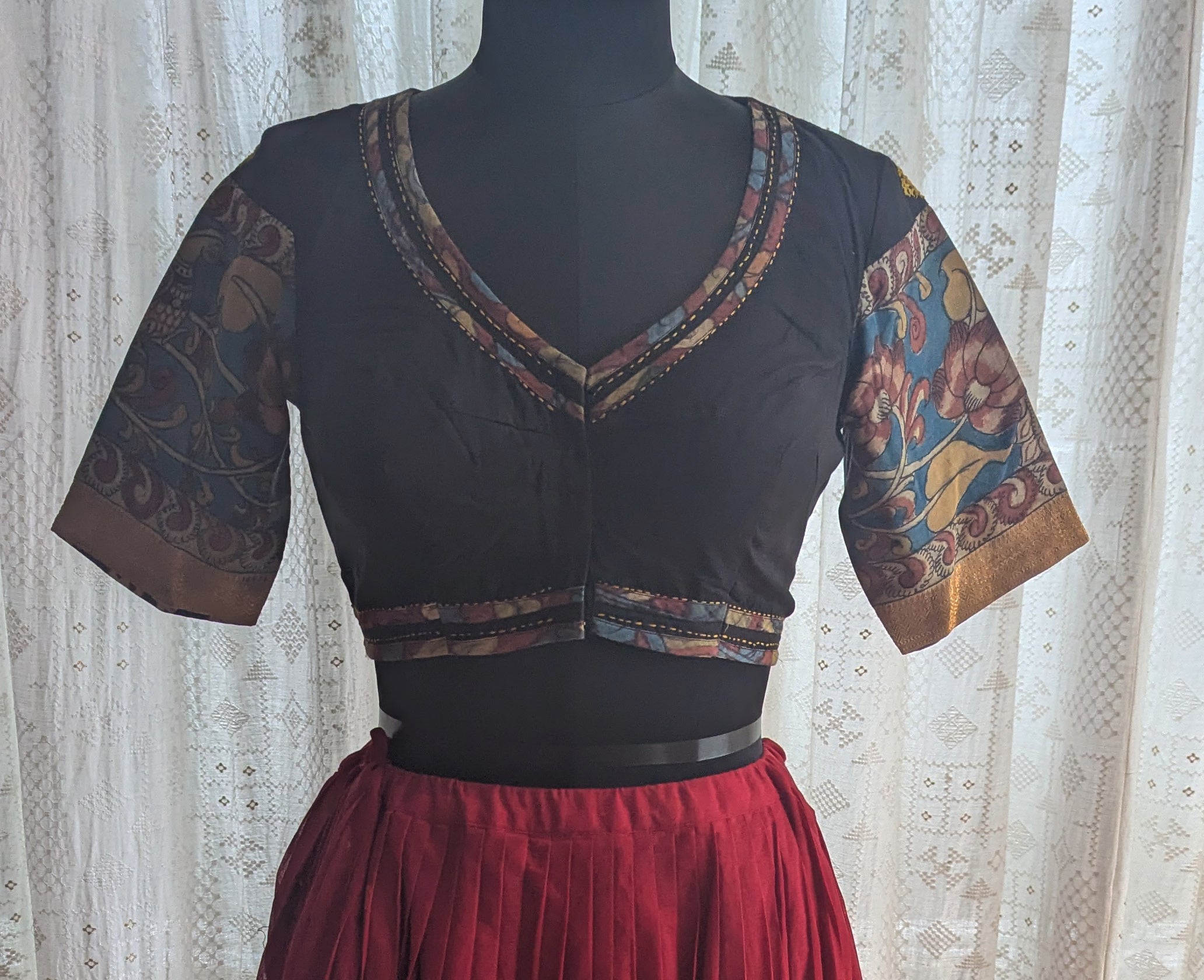 Pushpamayura Kalamkari with Kutch Embroidered Blouse