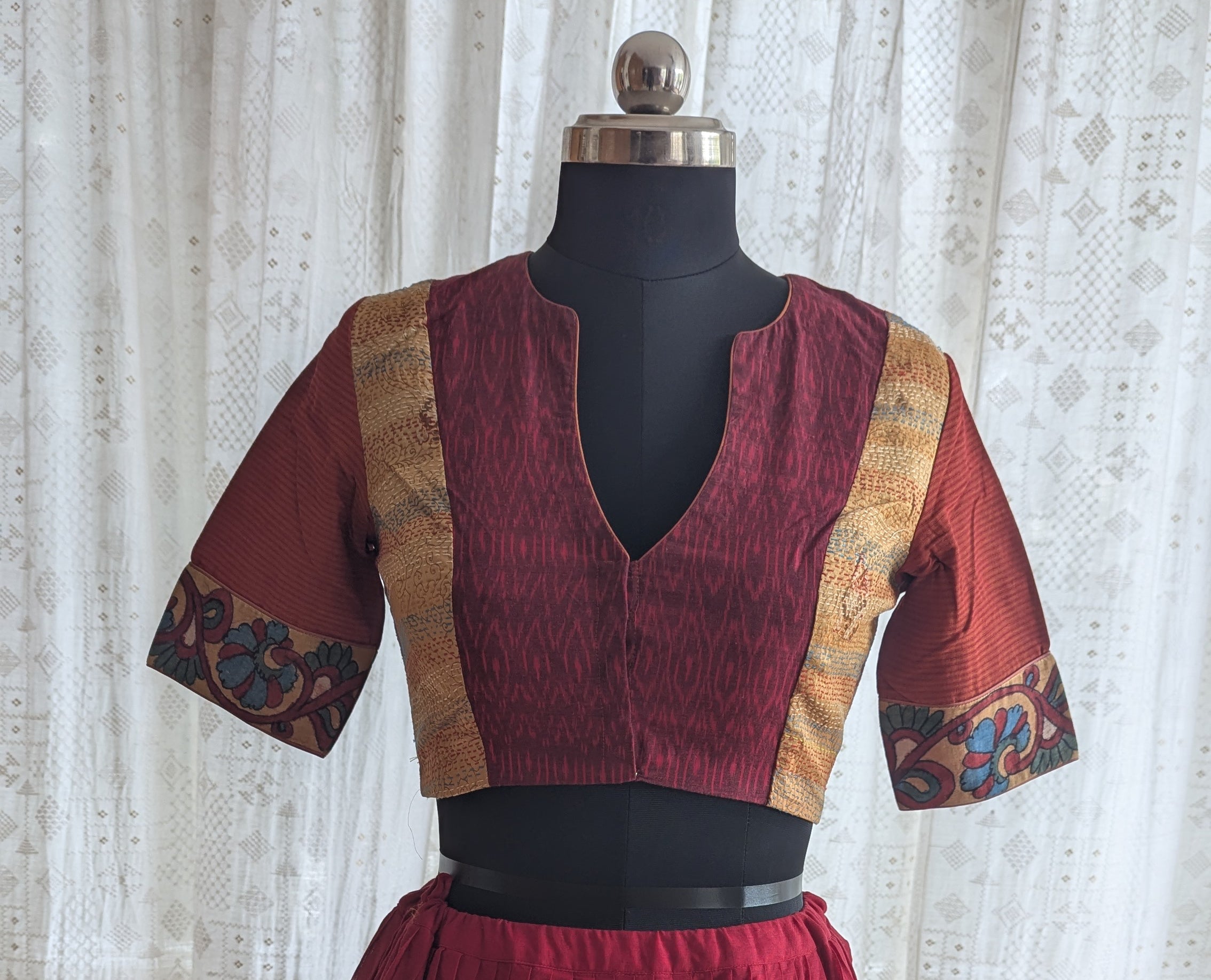Deep Maroon Ikat with Kantha Embroidery Blouse