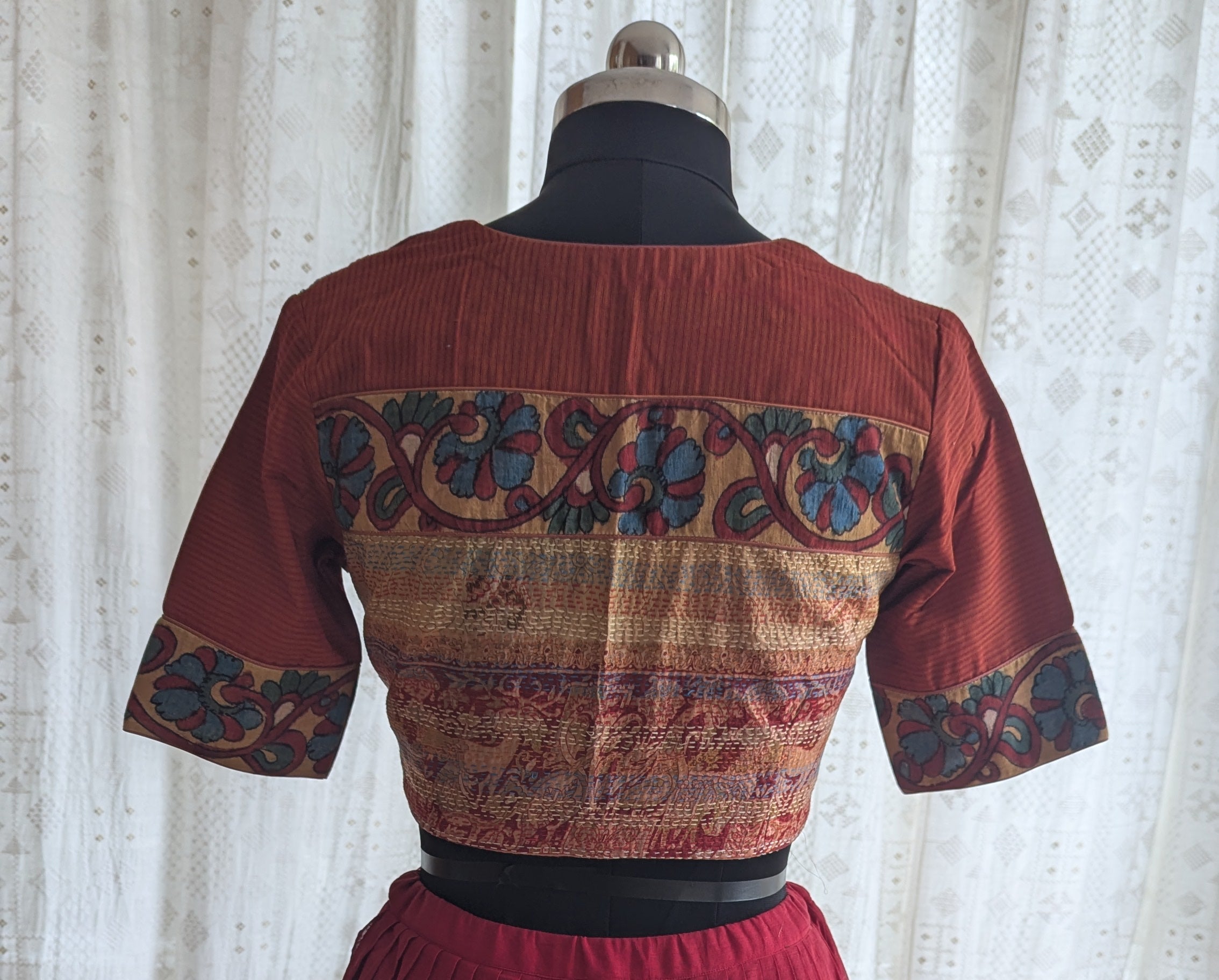 Deep Maroon Ikat with Kantha Embroidery Blouse